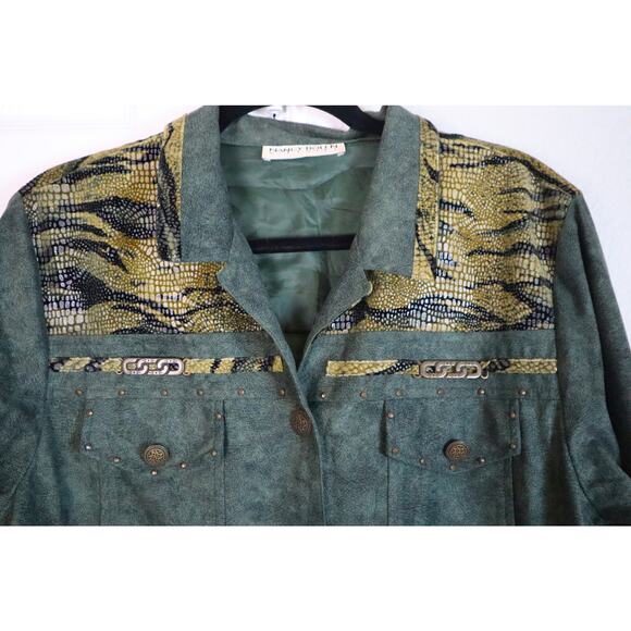 Vintage Green and Gold Button Down Blouse Top Animal Print Microsuede S / M Y2K - Picture 2 of 8